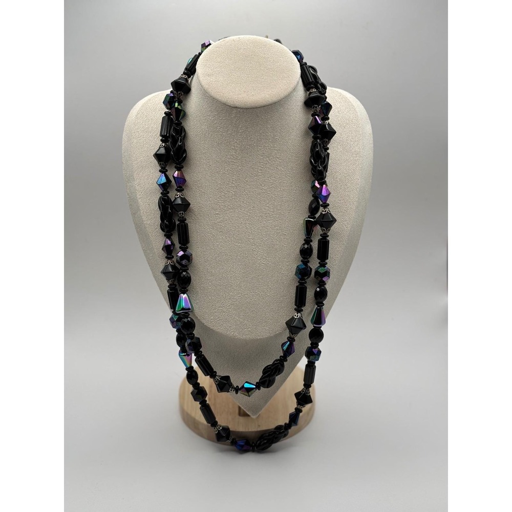 VTG Judy-Lee Signed Black Glass AB Necklace Faceted Crystal Beads Collector - Picture 1 of 12